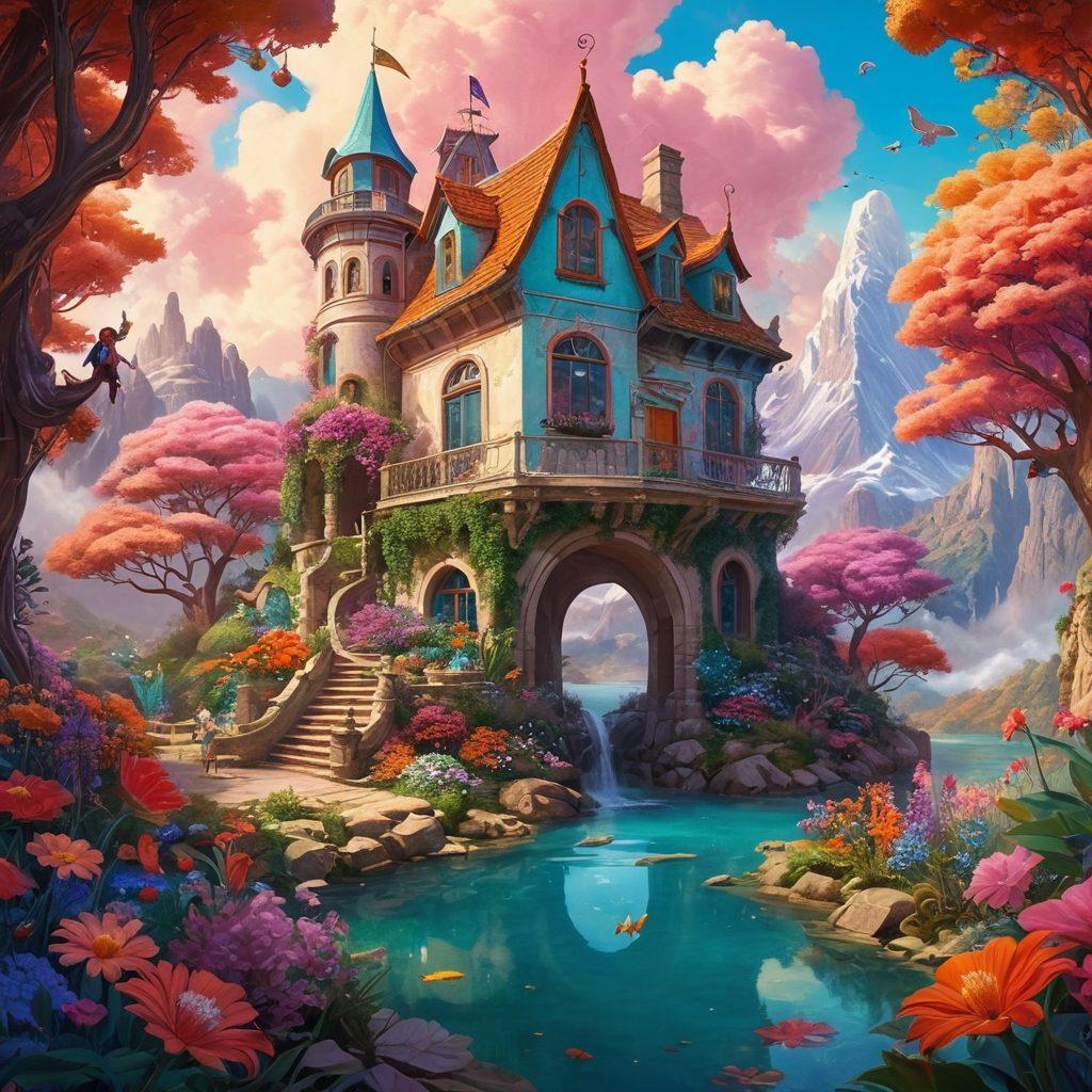 A captivating collage showcasing a whimsical world of colorful, animated characters, featuring mythical creatures and alluring fantasy landscapes. Integrate playful elements like vibrant blossoms, surreal architecture, and ethereal lighting, inviting the viewer into a thrilling adventure. Emphasize a blend of sensuality and creativity, with characters engaging in imaginative poses. colorful and dreamy fantasy art. vibrant colors. digital illustration.